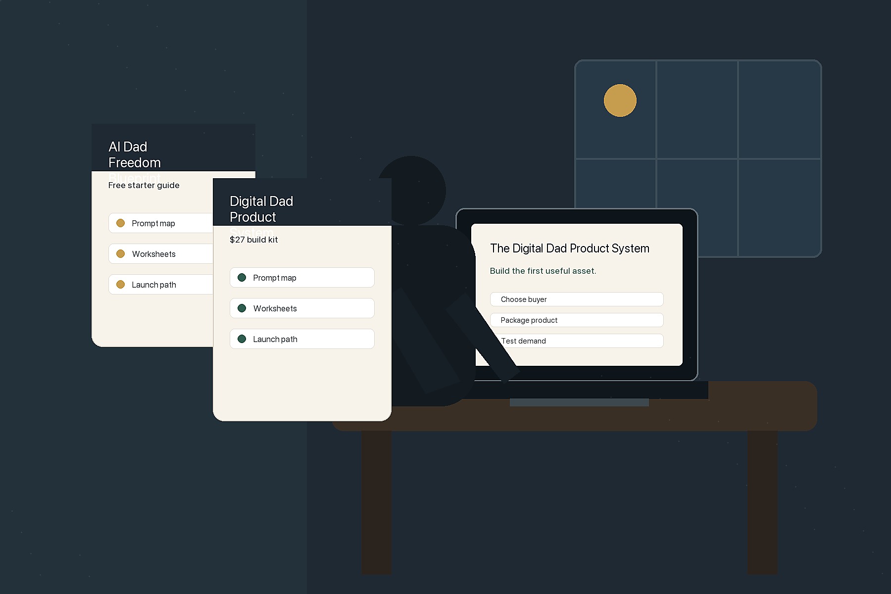A calm evening workspace for a father building a digital product with AI